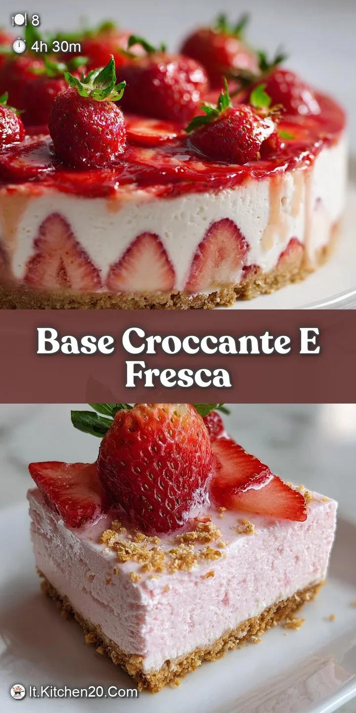 Close-up of the no-bake cheesecake revealing smooth, creamy texture and juicy, ripe strawberries on top. Delicious and inv...