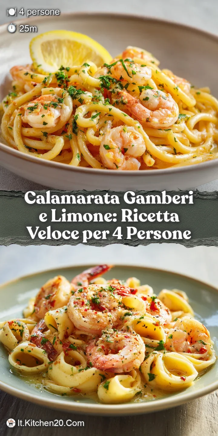 Close-up shot of creamy calamarata pasta with plump shrimp, glistening with lemon, and flecks of green herbs, tempting and...