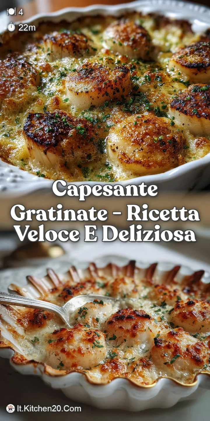 Close-up of bubbling scallop gratin, featuring toasted breadcrumbs, creamy sauce, and tender scallop peeking through.