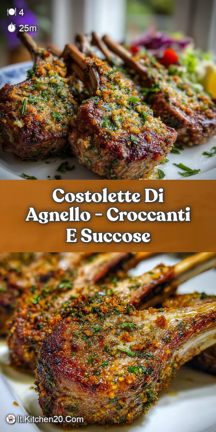 Close-up: Juicy, breaded lamb chop, highlighting the crispy texture and golden-brown crust, served with herb-roasted potat...