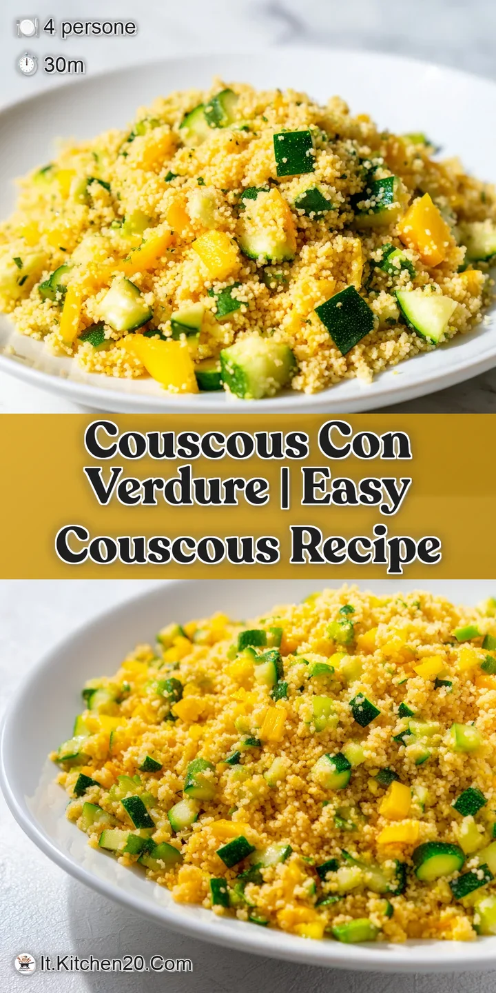 Primo piano di chicchi di couscous lucidi e sgranati mescolati a verdure colorate e tenere, con un riflesso di olio.