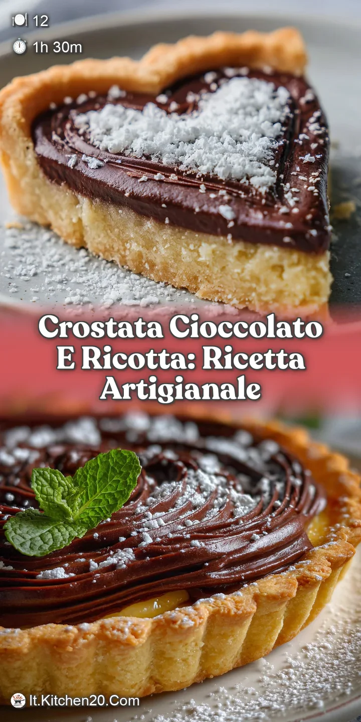Up-close view of a dark, decadent chocolate ricotta filling peeking through a golden-brown, rustic crust. Rich and inviting.