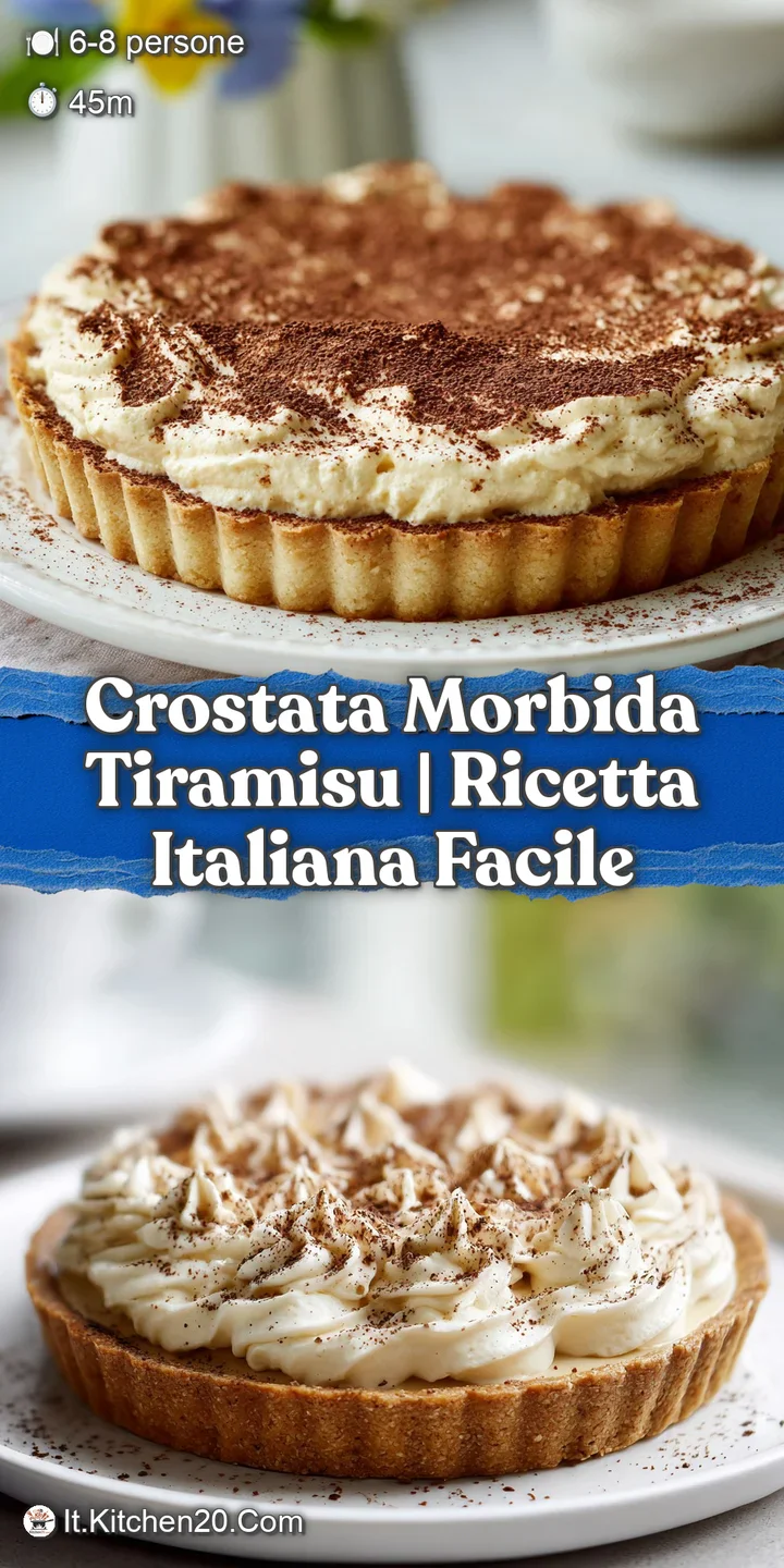 Close-up of tiramisu crostata. Soft mascarpone, cocoa powder texture, and crispy crust; inviting & creamy dessert.