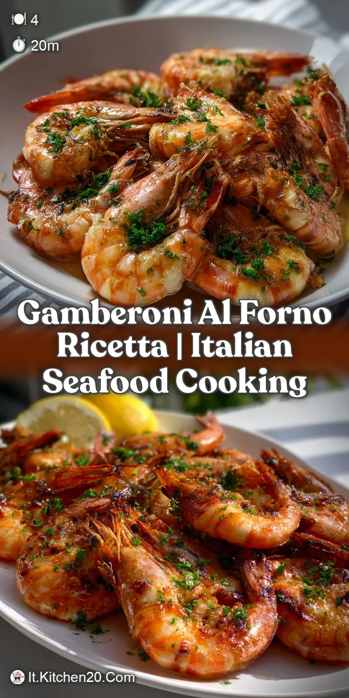 Close-up of juicy, baked prawns coated in a rich, red sauce, showcasing glistening textures and fresh green herbs. Appetiz...