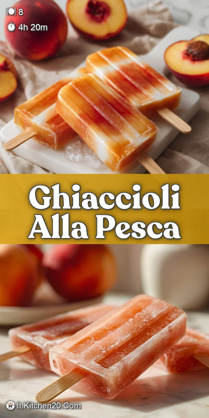 Close-up of a frosty peach ice pop with visible fruit pulp. Condensation creates a refreshing, thirst-quenching visual app...