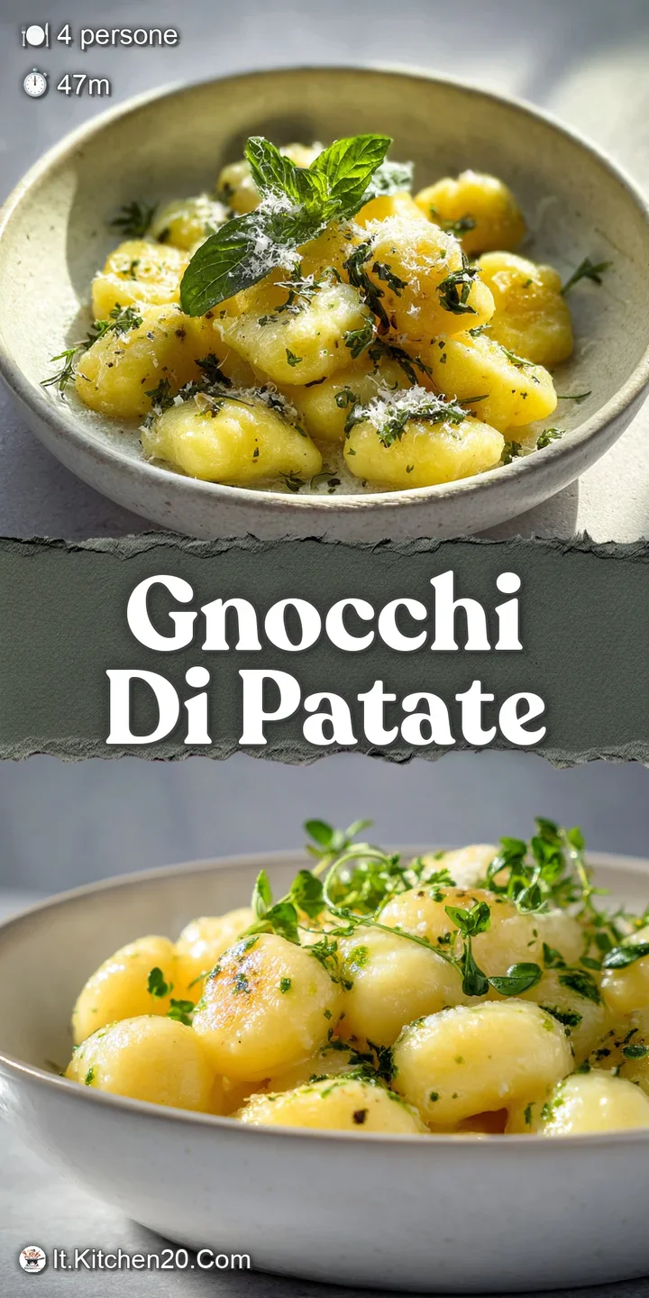 A close-up reveals the soft texture of the gnocchi, glistening with warm tomato sauce and flecks of green basil.