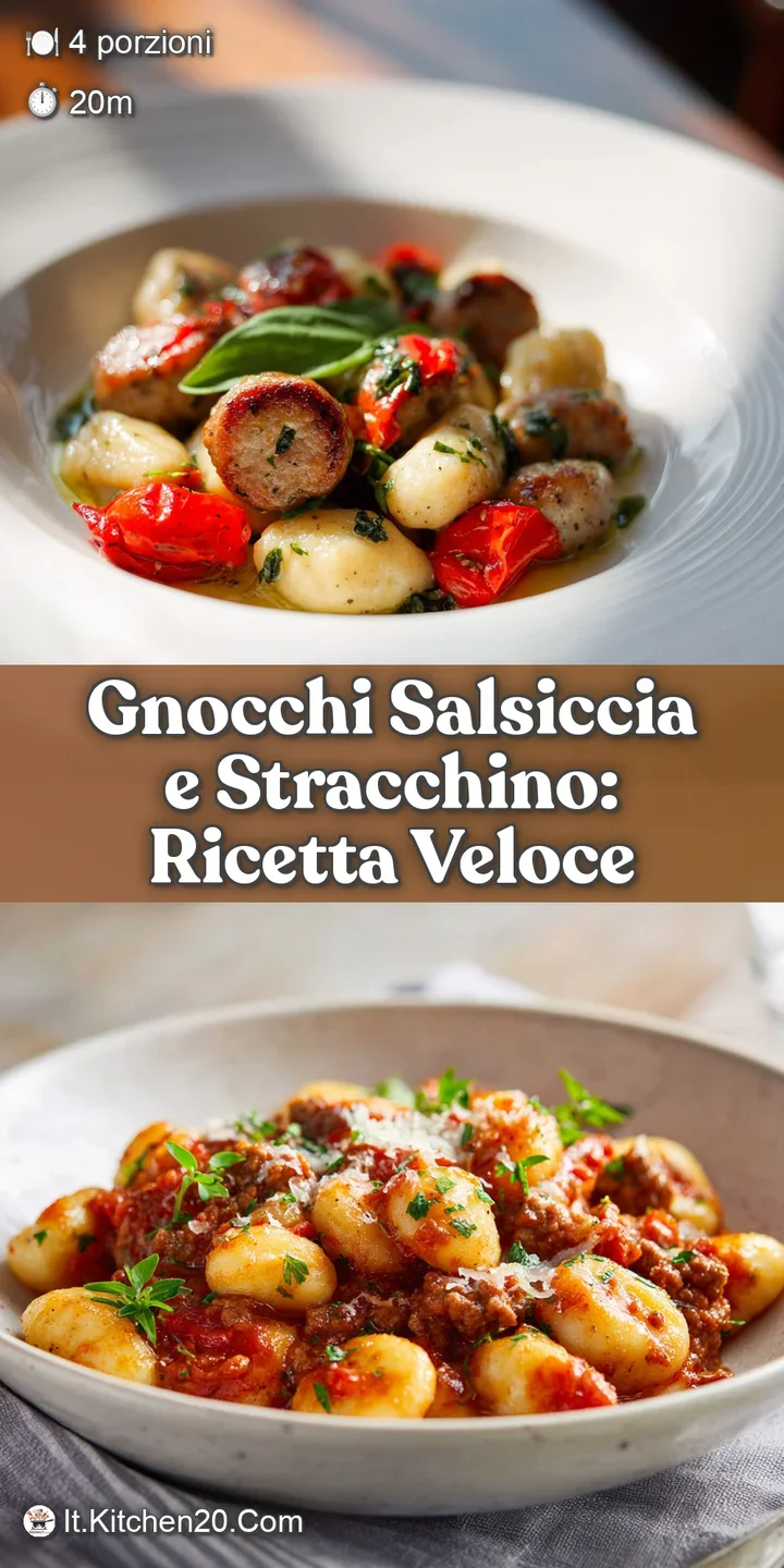 Close-up of soft gnocchi with savory sausage and a luscious, melted cheese sauce, showcasing a rich, creamy texture and ap...