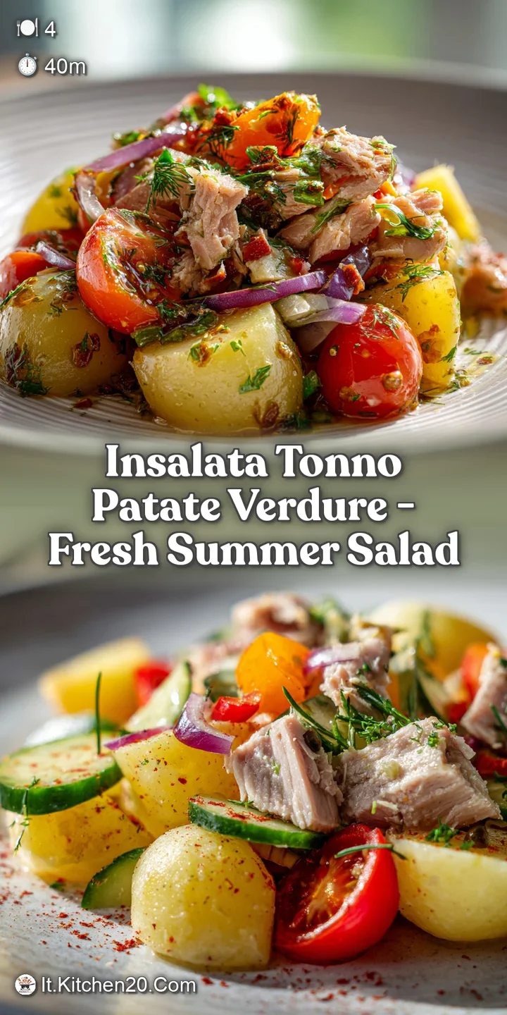 Close-up: Flaked tuna with soft chunks of potato and crisp green beans glistening with olive oil. An inviting, healthy bite.