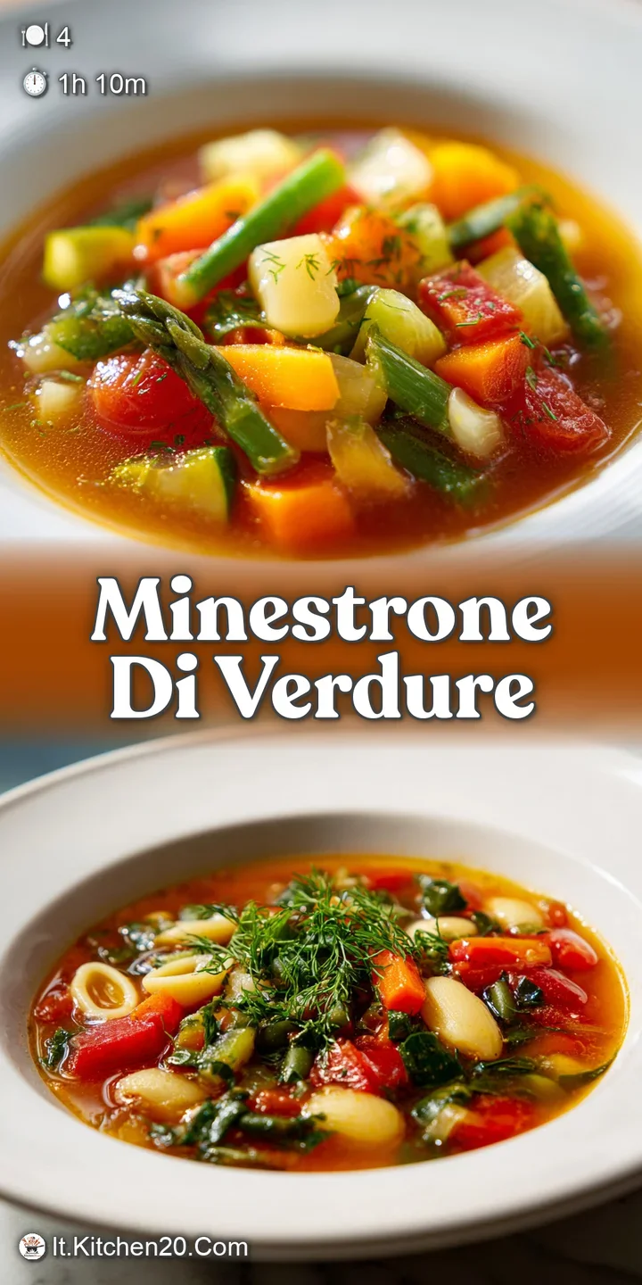 Close-up of hearty minestrone: Tender beans, pasta, and colorful veggies glisten in a light, flavorful broth. Steam rises ...