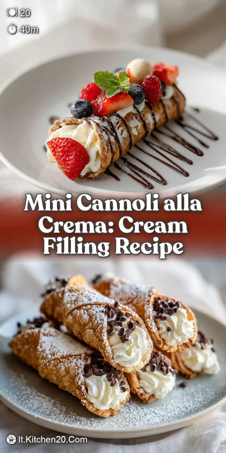 Close-up captures the flaky, blistered shell of a mini cannolo, revealing a smooth, vanilla-flecked cream filling.
