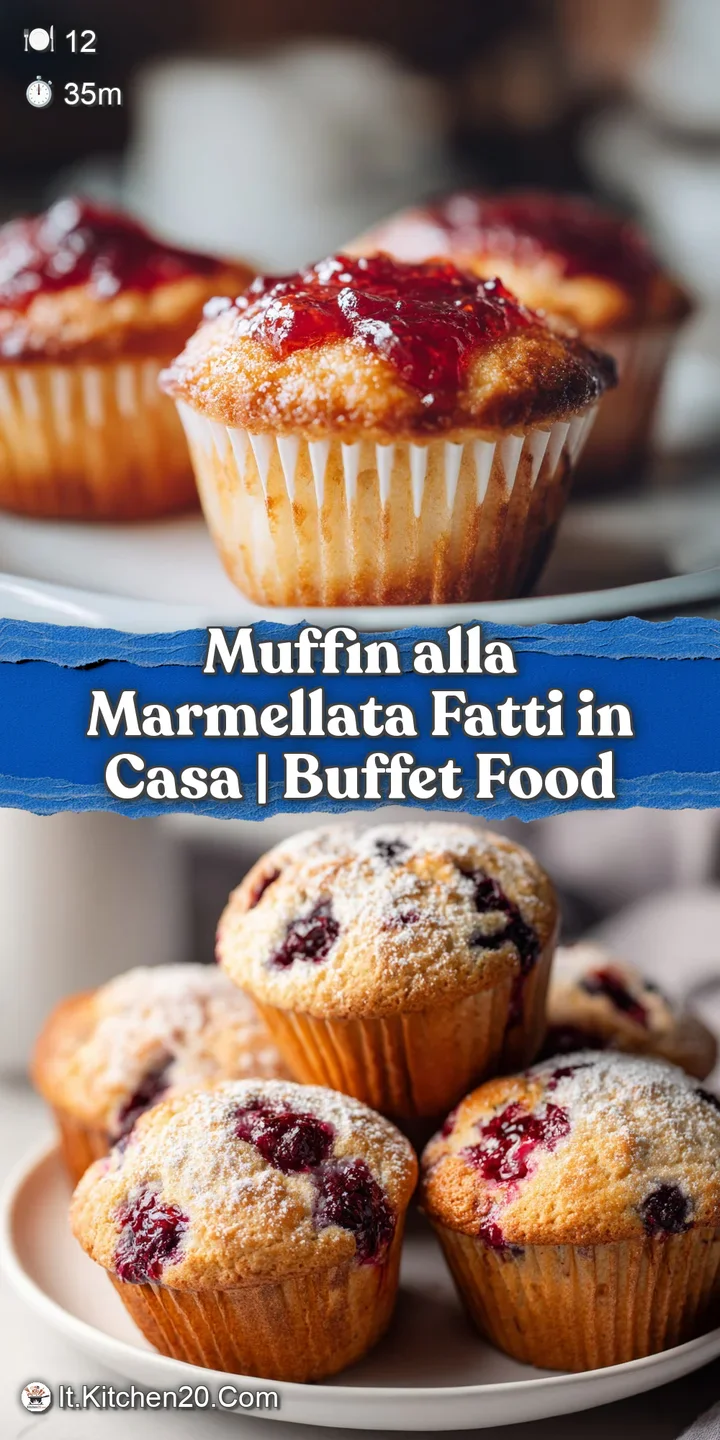 Close-up of a warm muffin reveals a gooey jam center, perfect dome with a slightly crisp top, hints of flour dusting the s...