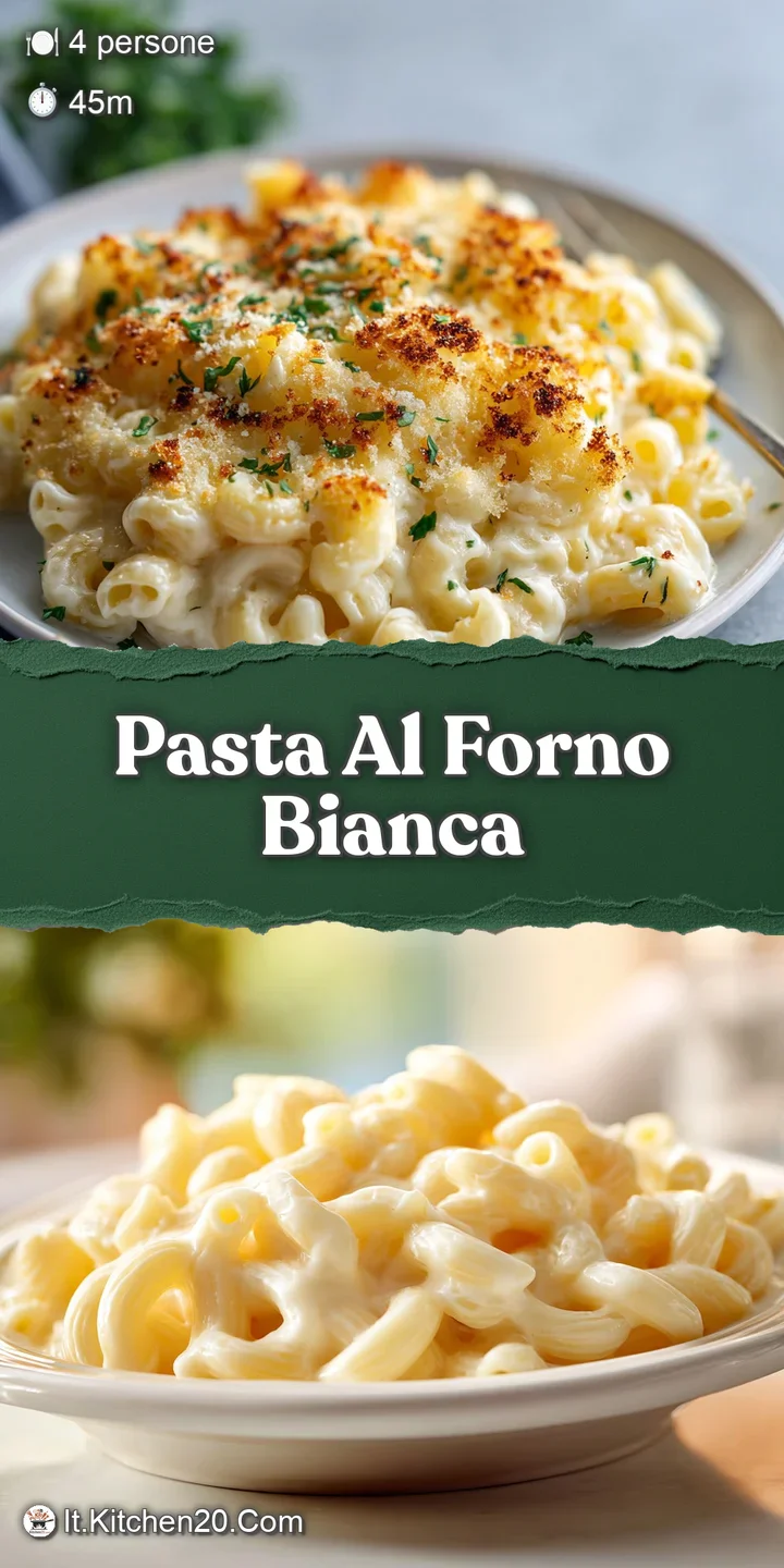 Close-up of golden pasta baked in a creamy white sauce, showing textures of melted cheese and browned, slightly crispy edges.