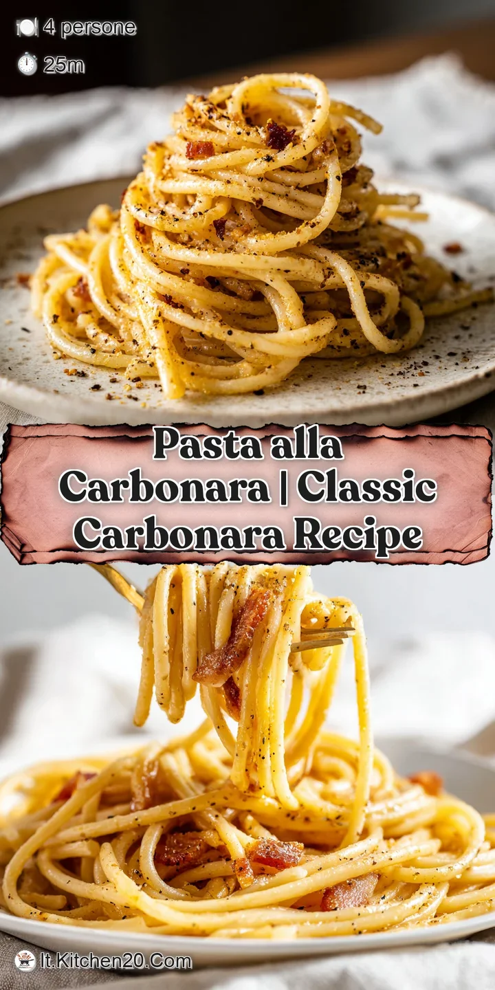 Dettaglio ravvicinato di pasta avvolta in salsa vellutata giallo intenso, con guanciale croccante e pepe nero.