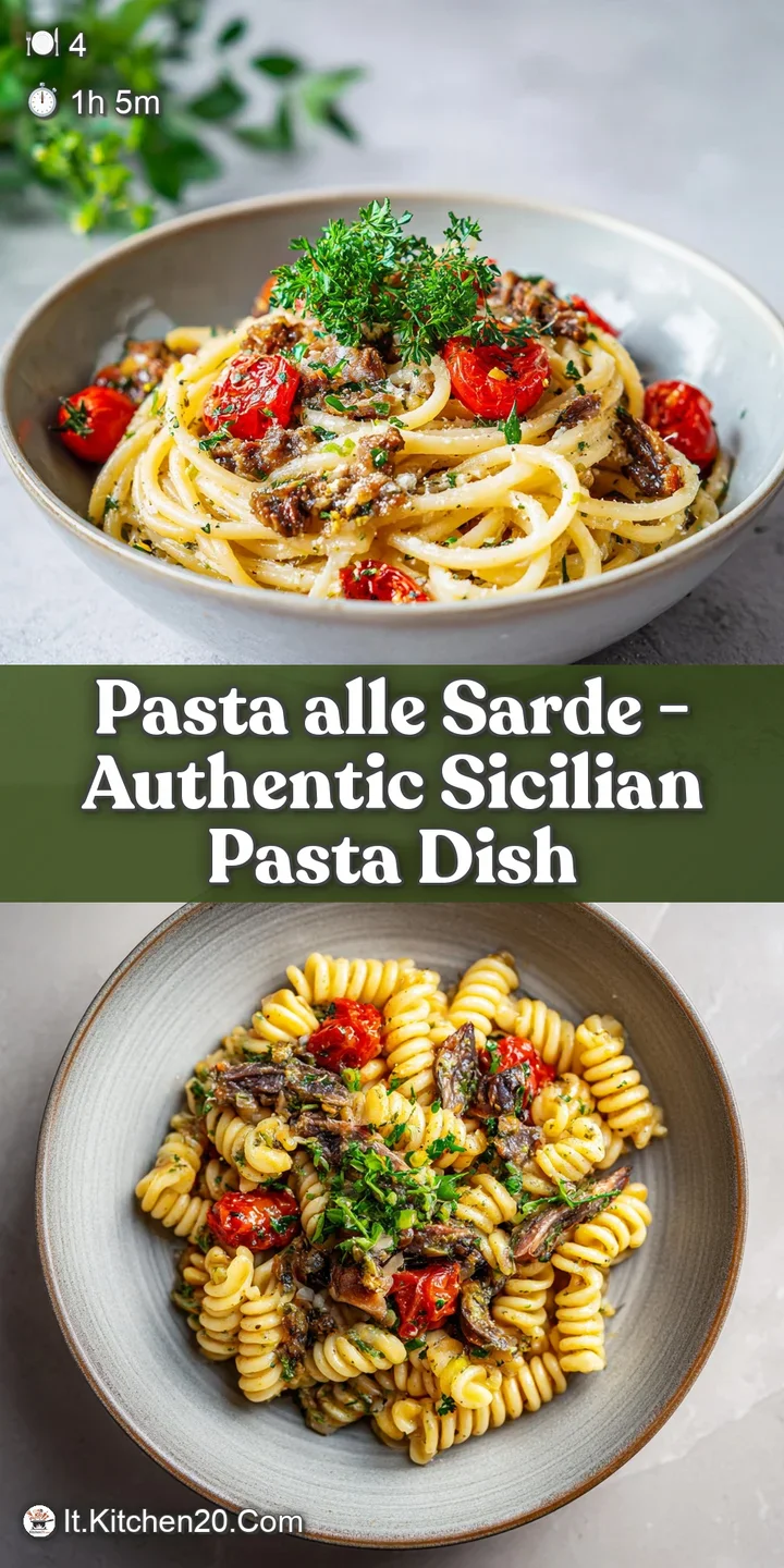 Close-up of tender pasta coated in bright pesto, studded with plump sardines and crunchy breadcrumbs.
