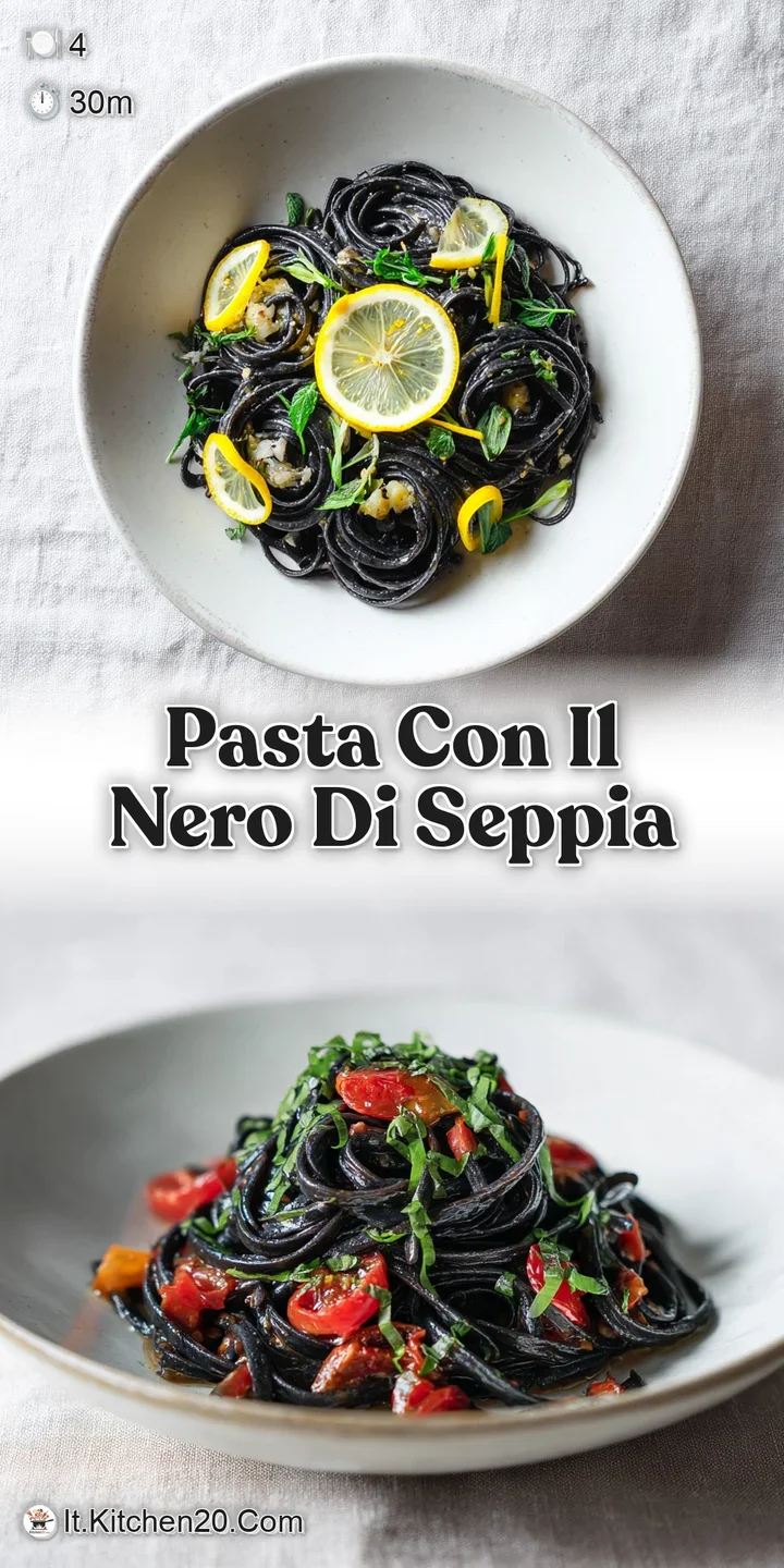 Close-up of shiny, black pasta strands coated in sauce, offering a glimpse of the rich, flavorful dish. A real taste of th...