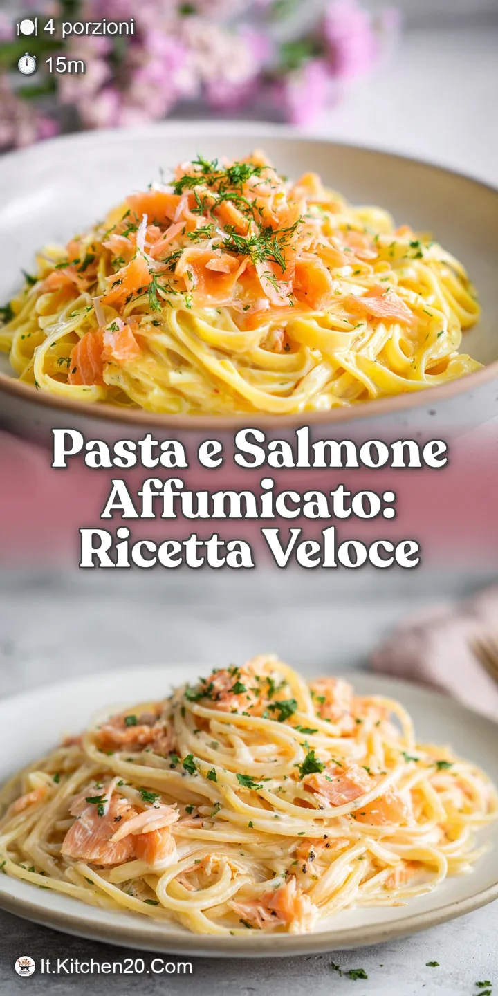 Close-up of creamy pasta strands intertwined with flaky smoked salmon. The sauce appears rich and velvety, with specks of ...
