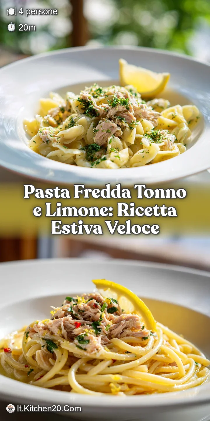 Close-up shot reveals tender pasta strands, succulent tuna flakes, and bright lemon zest, all glistening in a light, appet...