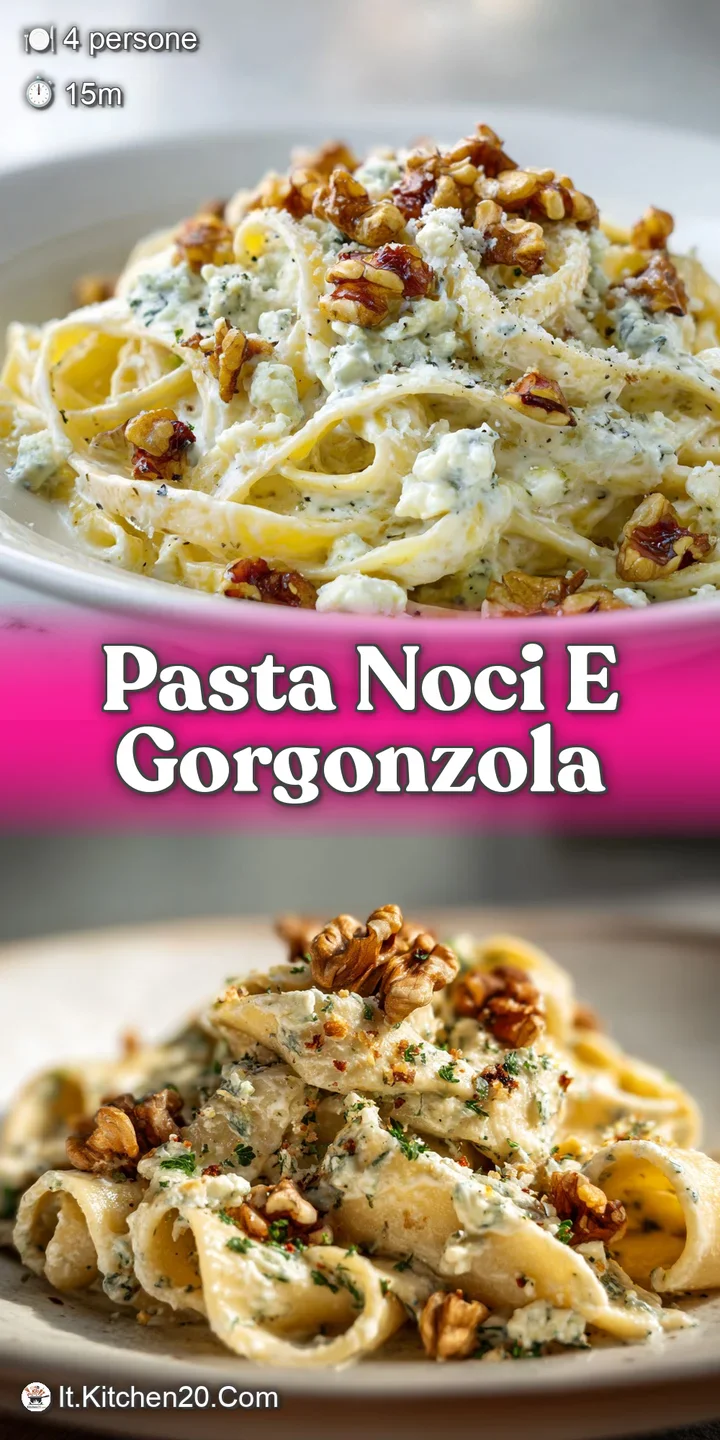 Close-up of glistening pasta coated in a rich, creamy sauce with crumbles of pungent blue cheese and coarsely chopped toas...