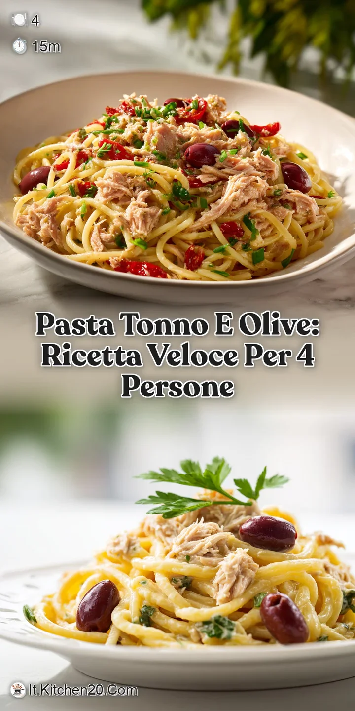 Close-up shows glistening pasta strands coated in oil, dotted with salty black olives and tender chunks of tuna; appetizin...