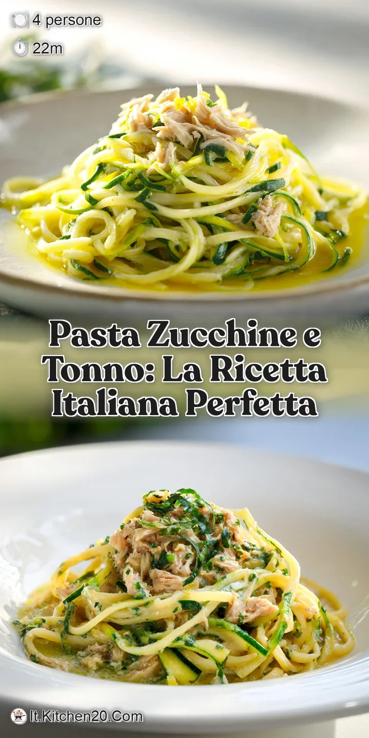 Close-up of glistening pasta with chunks of tuna and tender zucchini; bright, appealing colors and texture, ready to eat!