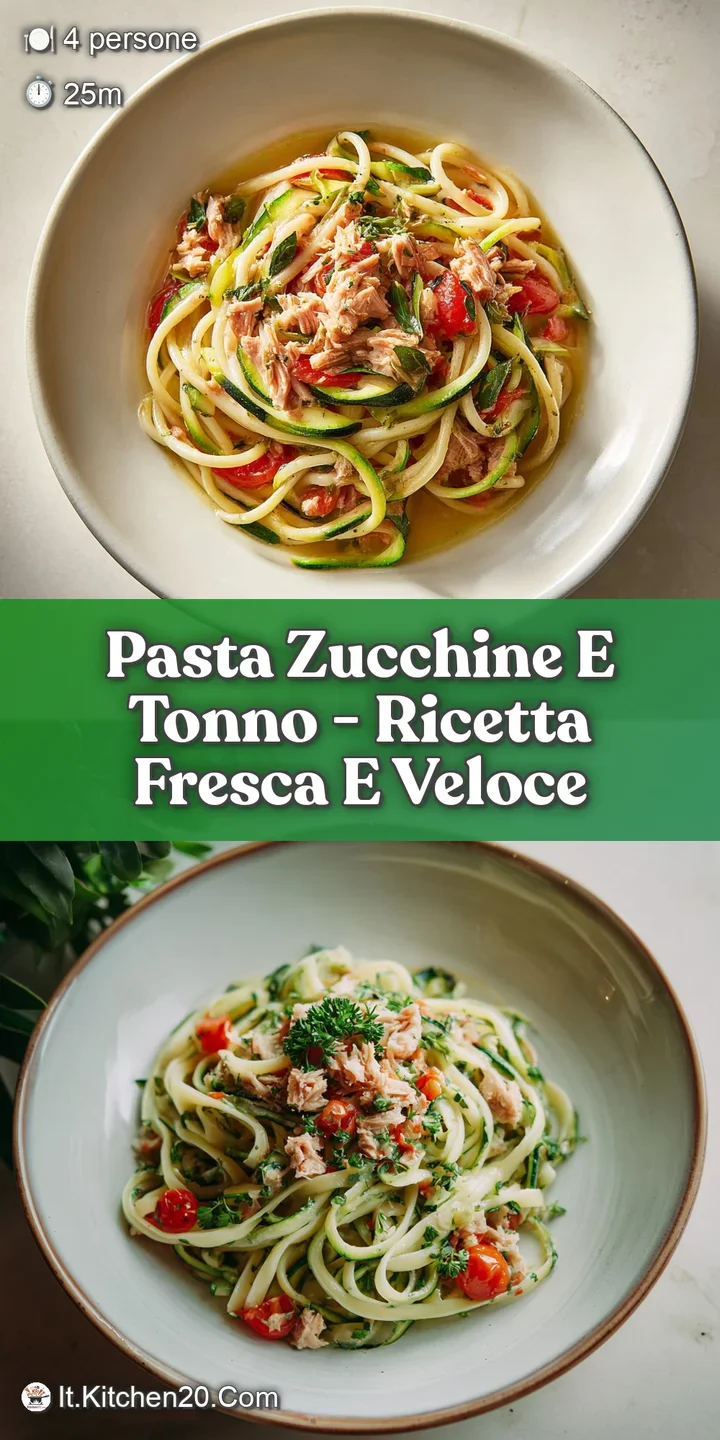 Close-up capturing the al dente texture of pasta with zucchini, tuna and herbs. Highlights glistening olive oil.