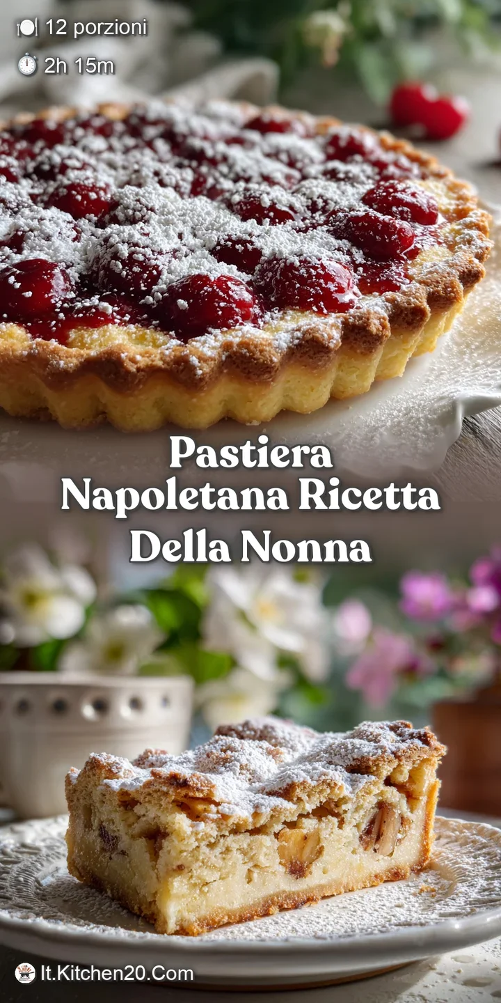 Close-up of Pastiera's filling: tender cooked wheat berries suspended in sweet ricotta. Glimpses of candied fruit, enticin...