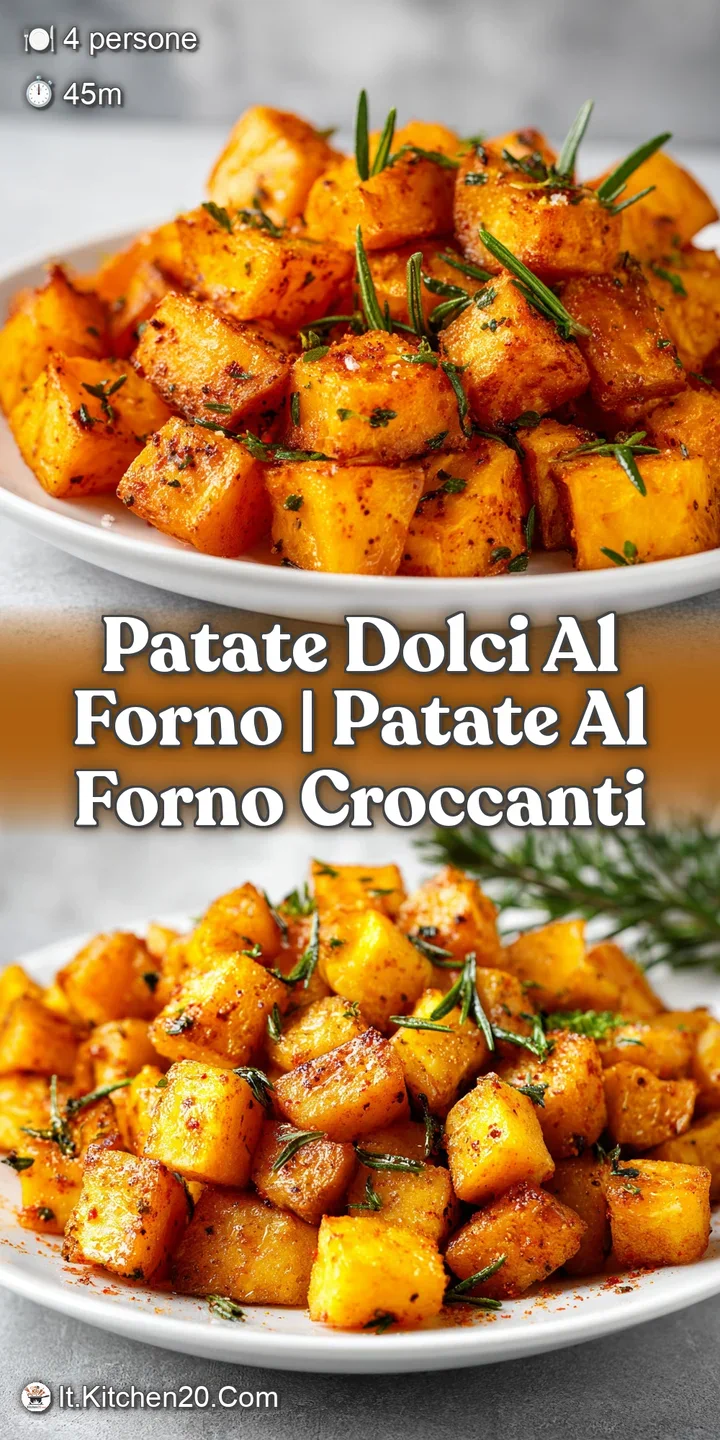 Primo piano di cubetti di patata dolce caramellati, superficie rugosa e croccante con granelli di sale che brillano alla l...