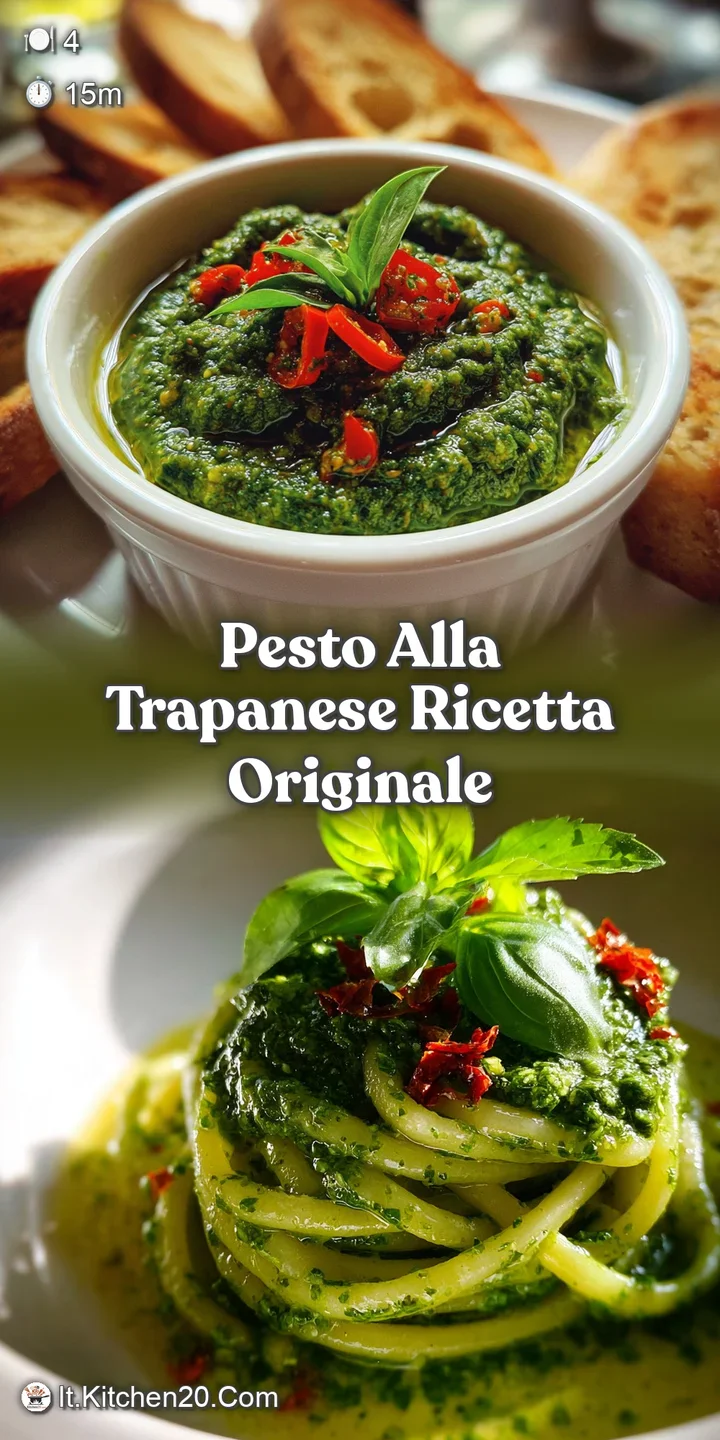 Close-up of Trapanese pesto clinging to pasta strands, showcasing the chunky texture, flecks of basil, and burst of vibran...