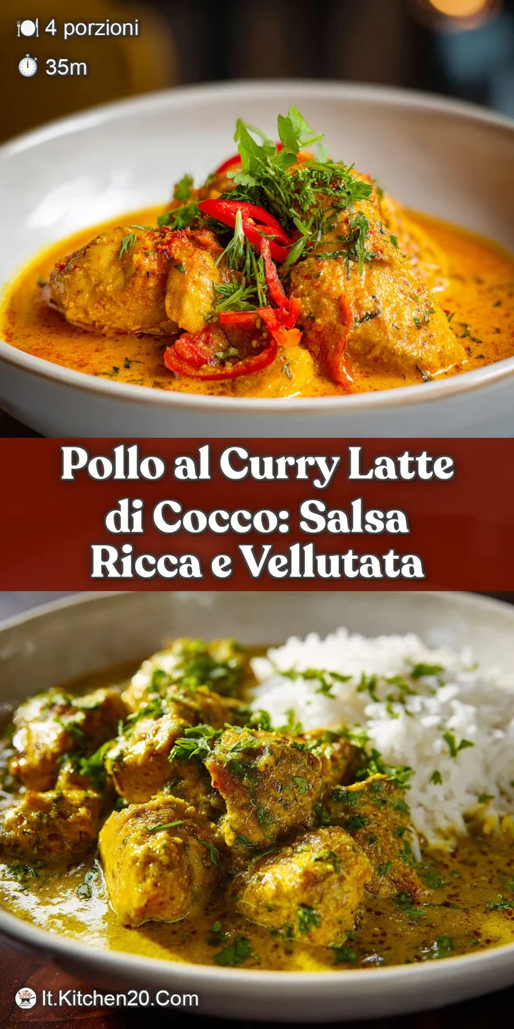 Close-up of tender chicken simmered in rich, golden coconut curry, revealing creamy texture and aromatic herbs throughout ...