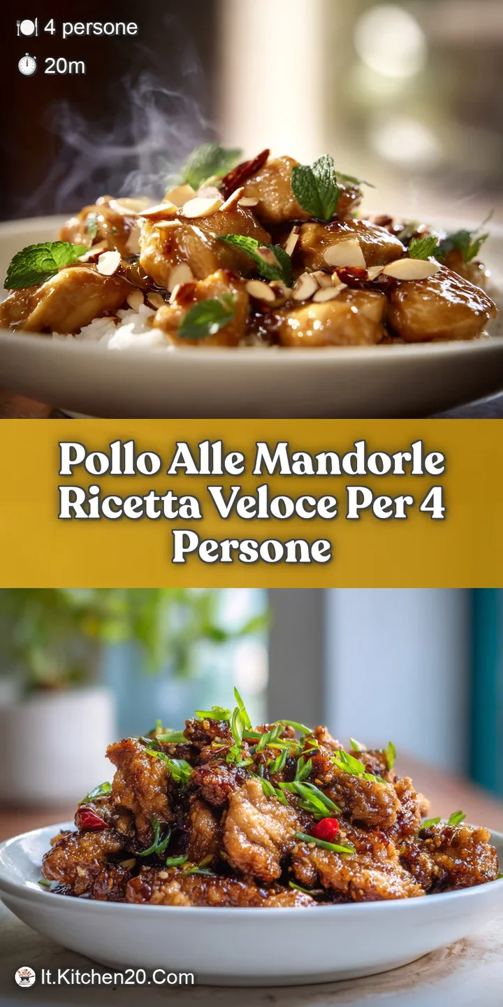 Close-up of glistening, savory chicken coated in a rich sauce, crunchy toasted almonds, and aromatic scallions, tempting t...