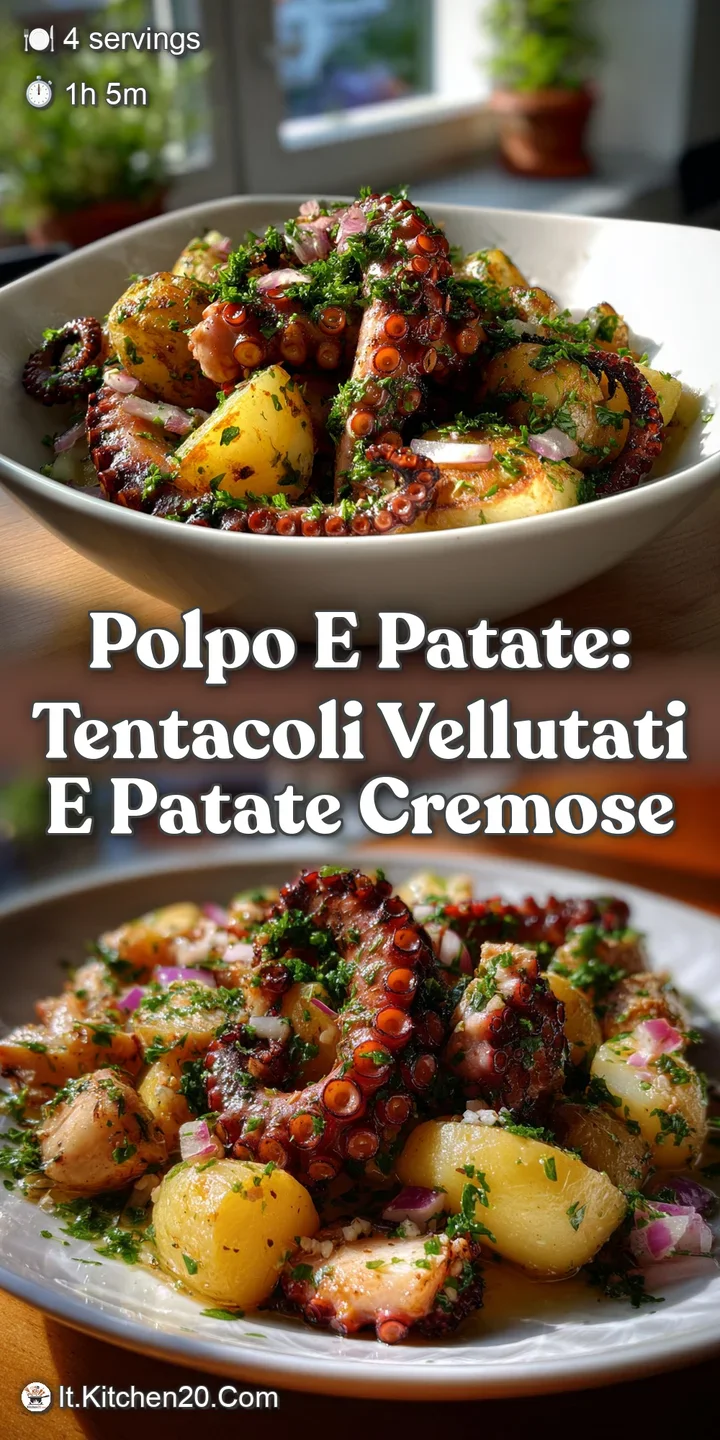 Close-up of succulent octopus and potatoes. The tender texture of the octopus contrasts beautifully with the soft, buttery...