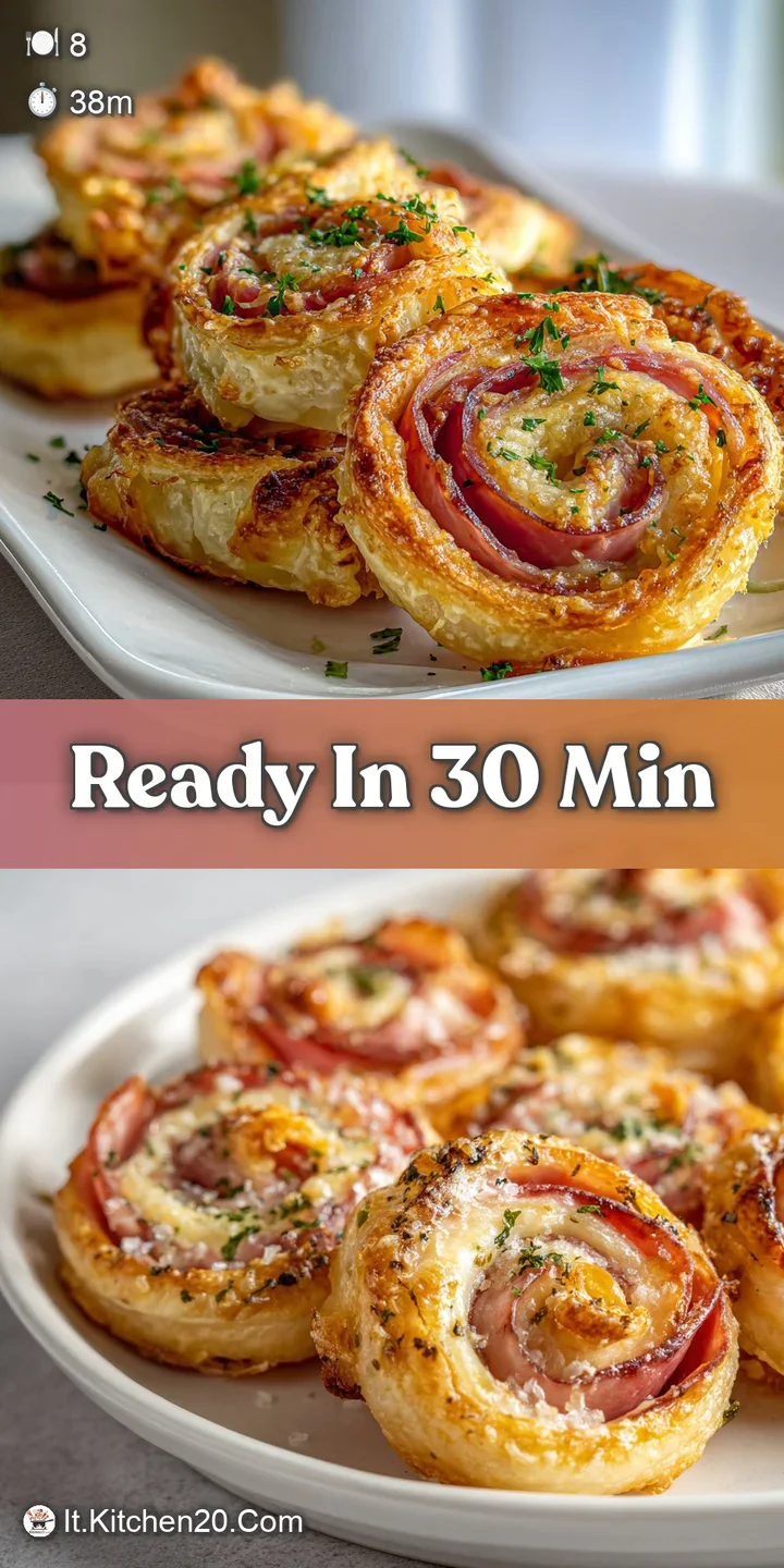 Close-up of a crisp puff pastry canap&eacute;, showcasing the delicate layers, juicy prosciutto, soft cheese, and vibrant green b...