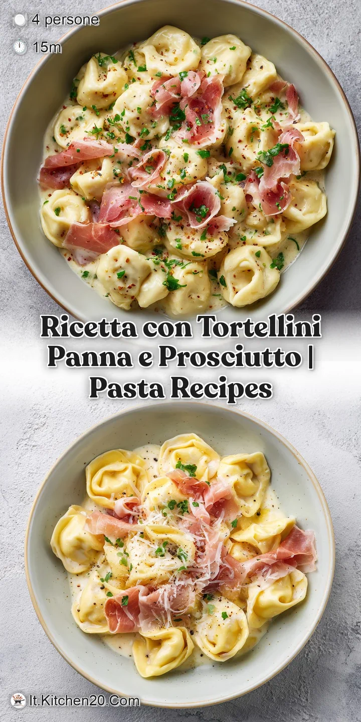 Close-up of tender tortellini cloaked in a luscious, pale cream sauce with crispy prosciutto bits.