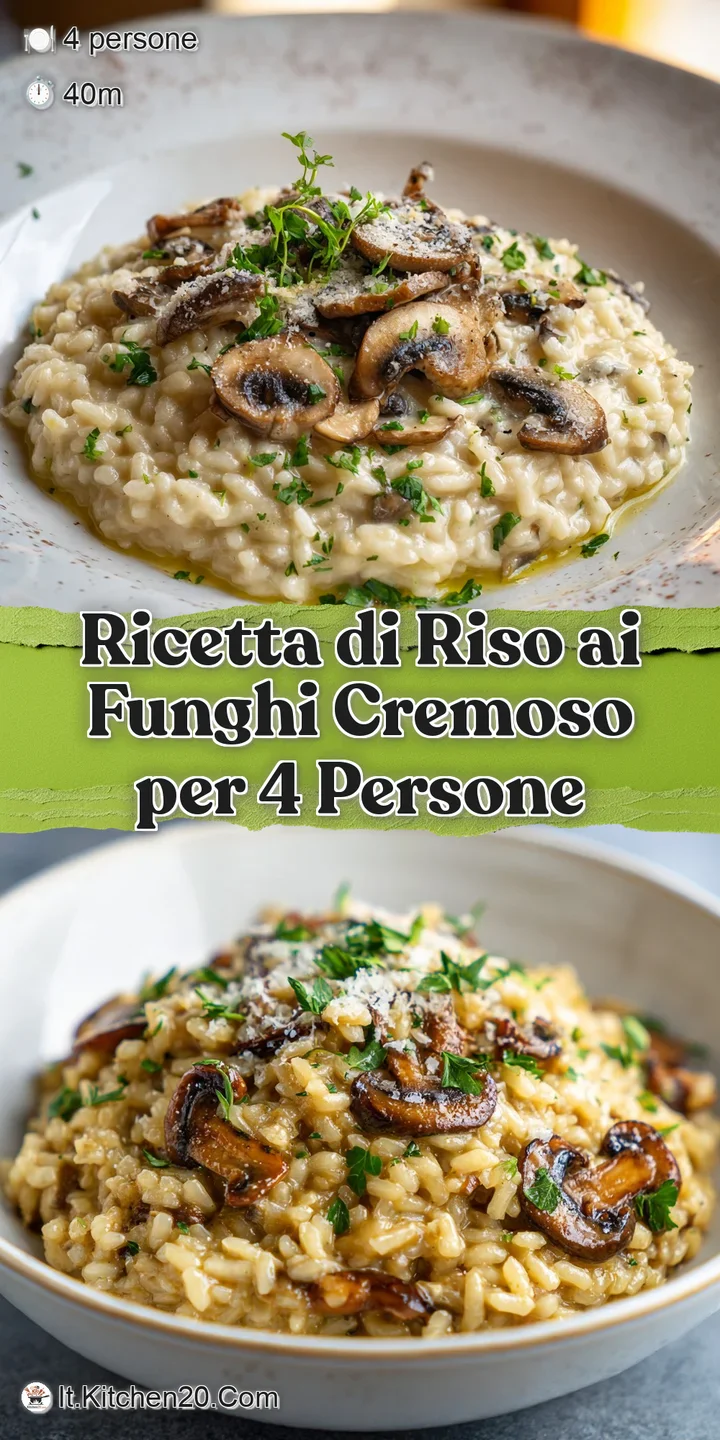 Close-up of rich mushroom risotto, highlighting the tender grains of rice, earthy brown mushrooms, and a dusting of grated...
