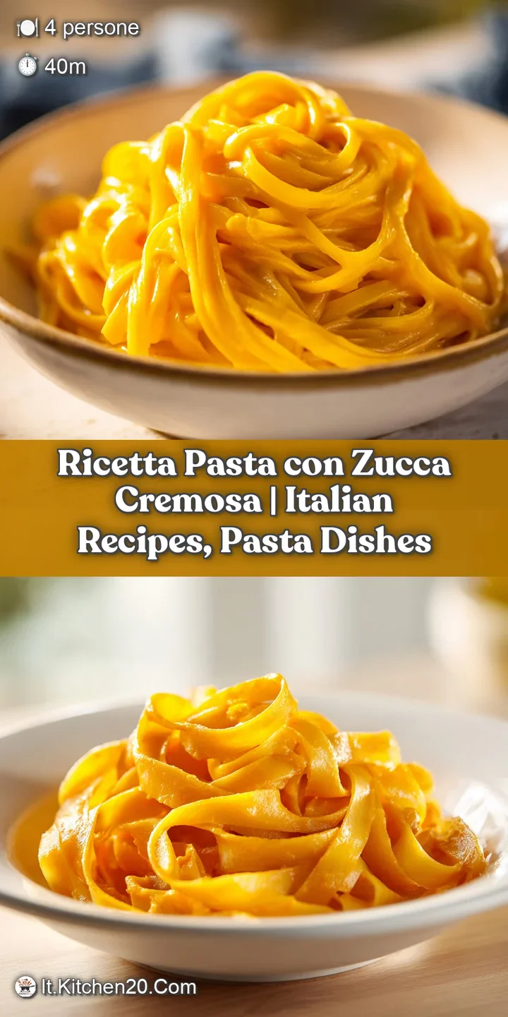 Close-up of velvety, smooth pumpkin pasta with a scattering of vibrant green herbs and a dusting of cheese.