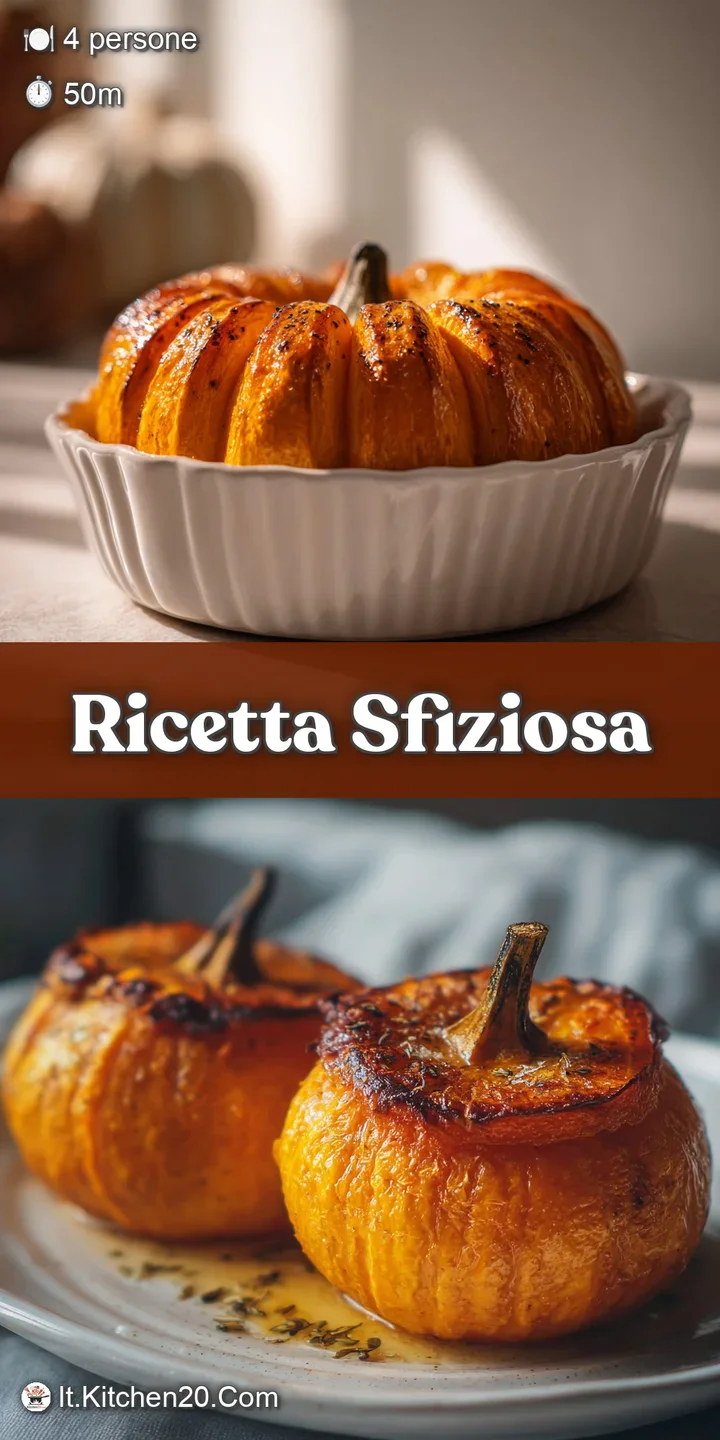 Close-up shot of roasted pumpkin showing the slightly wrinkled, caramelized surface and bright orange color. Hints of herb...