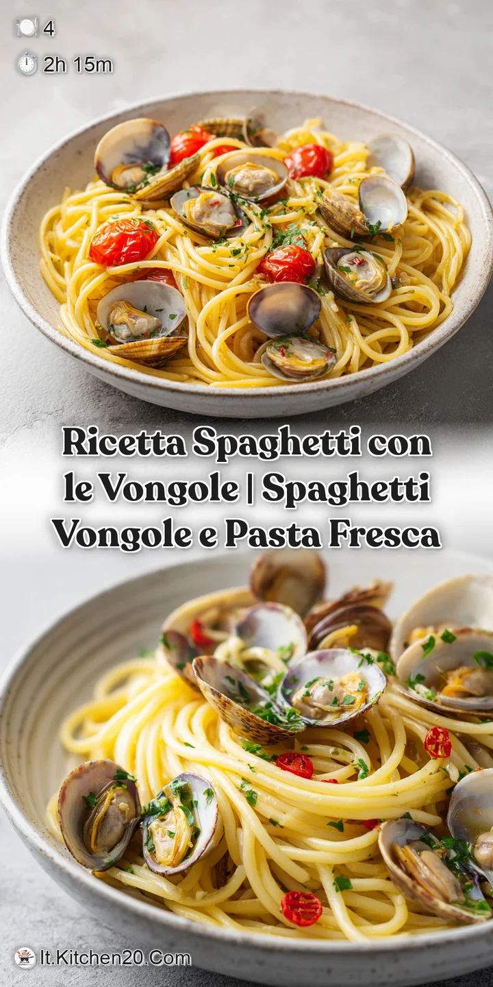 Close-up of al dente spaghetti twirled with juicy, briny clams and flecks of fresh green herbs.