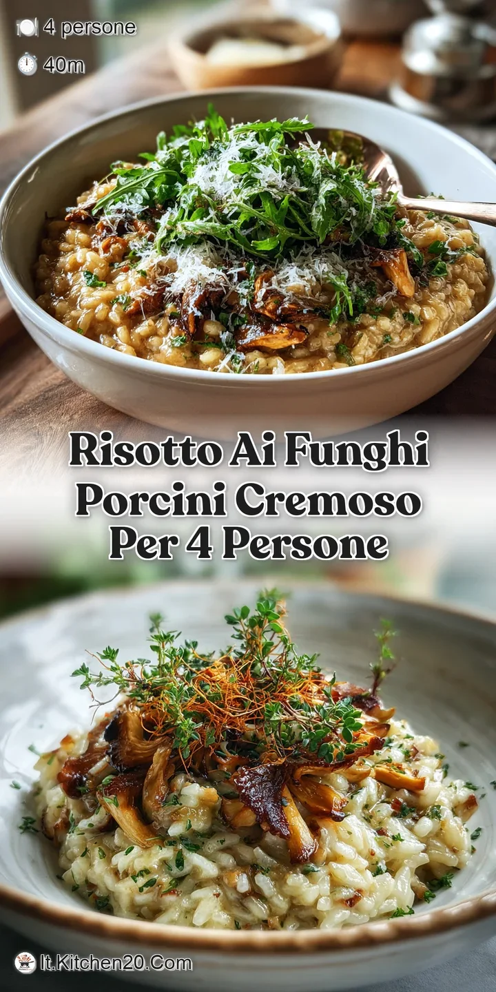 Close-up of rich, creamy risotto. Visible grains of Arborio rice, succulent porcini, and a sprinkle of vibrant green parsley.