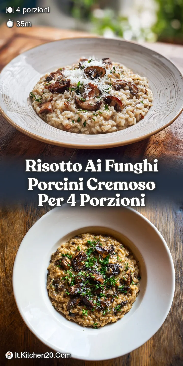 Close-up of creamy risotto with plump porcini mushrooms. Steamy, decadent, and inviting. Hints of earthy aroma and Parmesa...