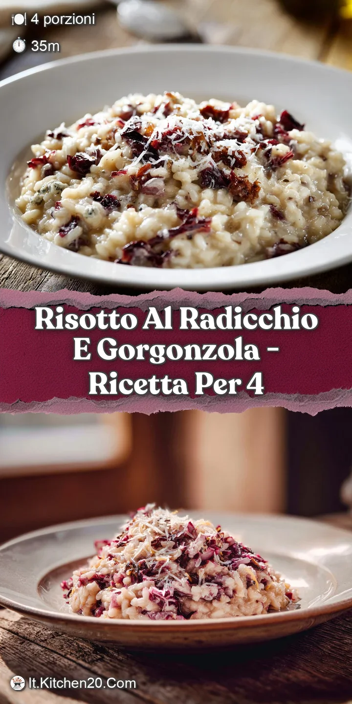 Close-up of glossy, wine-infused risotto with crimson radicchio leaves and pungent, melting pools of gorgonzola cheese.