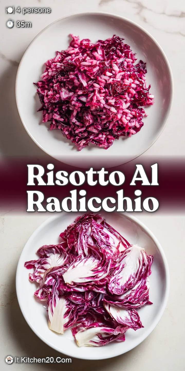 Close-up of vibrant risotto, showcasing the slightly bitter radicchio. Steam suggests warmth, with creamy texture highligh...