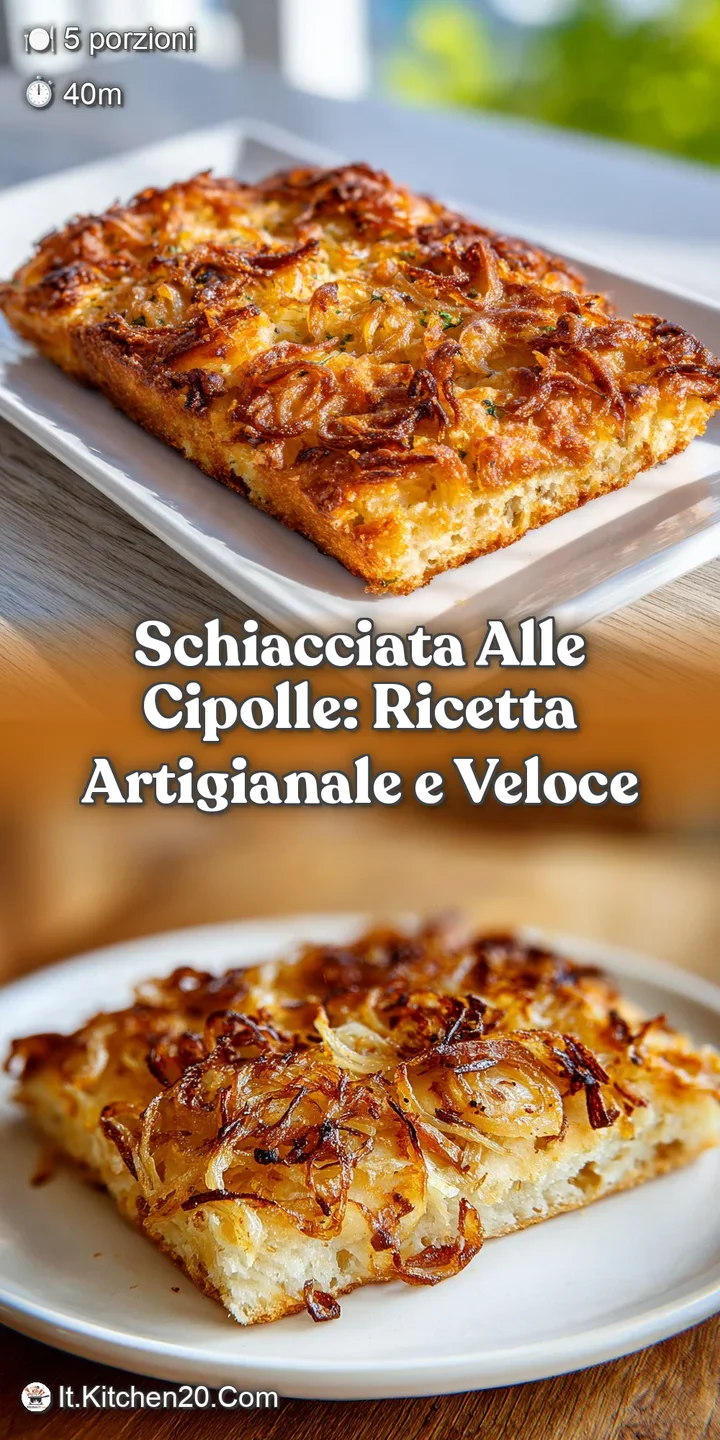 Close-up of schiacciata alle cipolle highlighting the glistening caramelized onions and the beautifully browned, crispy, y...