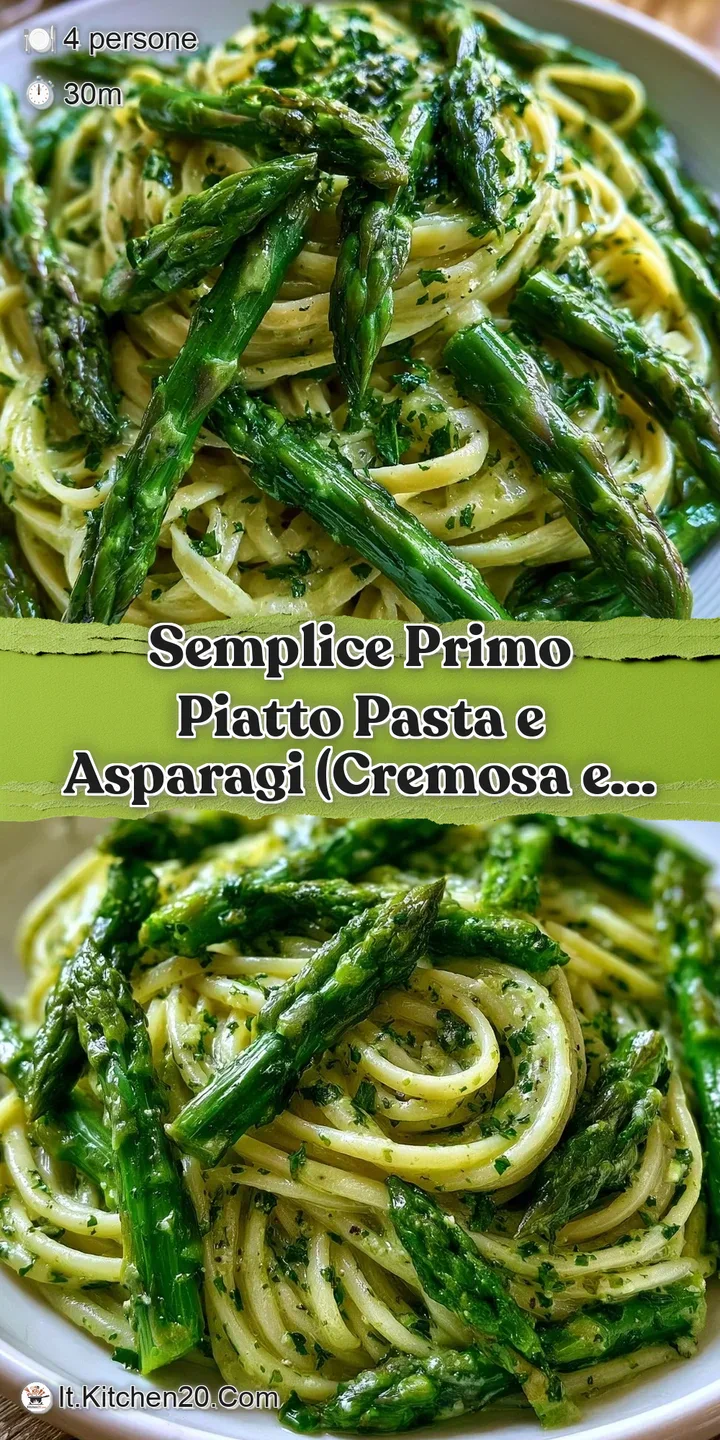 Primo piano di pasta vellutata e densa, con pezzi di asparagi teneri e una spolverata di pepe nero macinato.