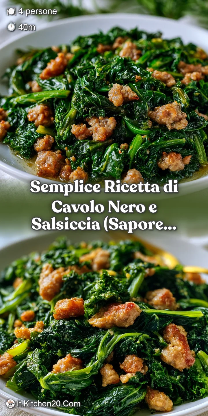 Primo piano di salsiccia succosa e brunita tra foglie di cavolo nero tenere, con texture ricche e colori caldi.