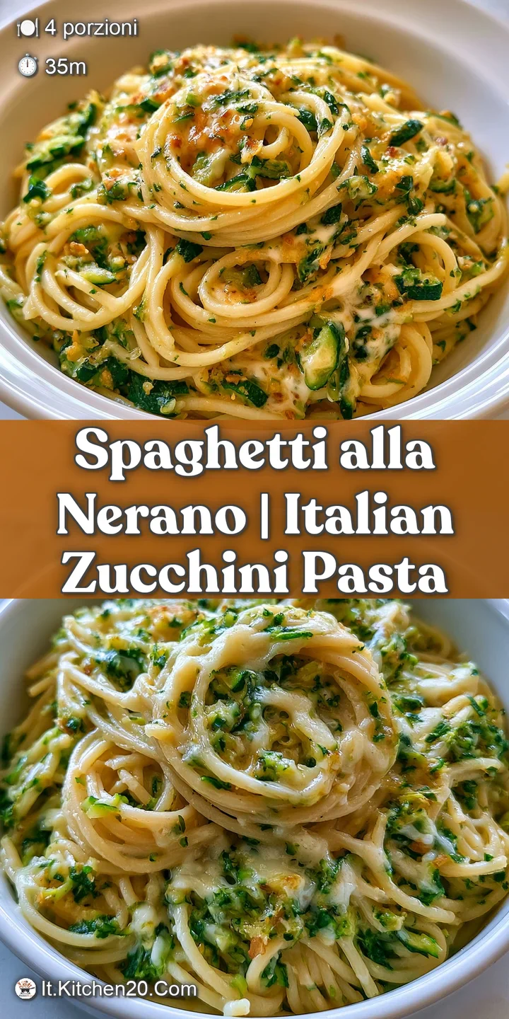 Primo piano di spaghetti cremosi con zucchine fritte tenere, texture vellutata e piccoli granelli di formaggio fuso.
