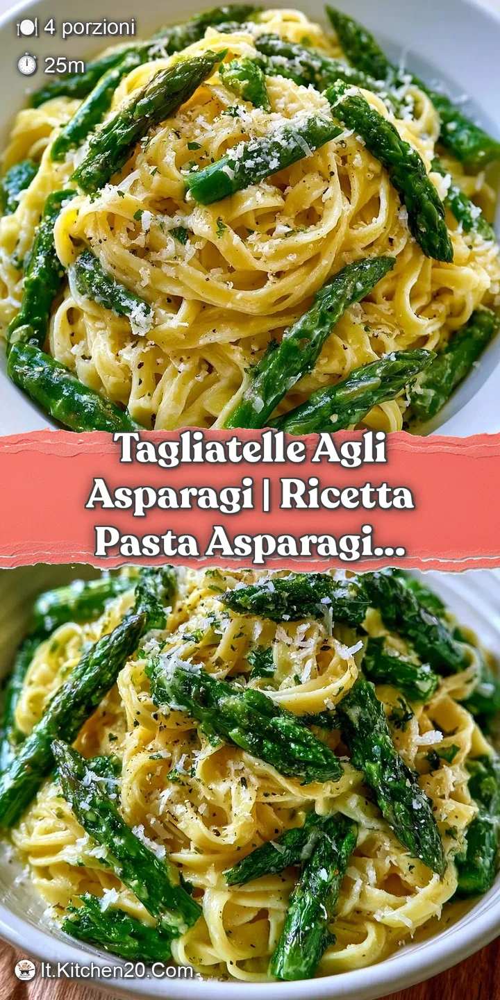 Primo piano di pasta vellutata che avvolge punte di asparagi verdi, con gocce di salsa densa e grani di pepe nero.