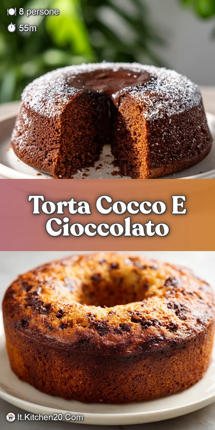 Close-up view of a decadent chocolate coconut cake: glistening chocolate, light cocoa powder dusting, and rich, dark layer...