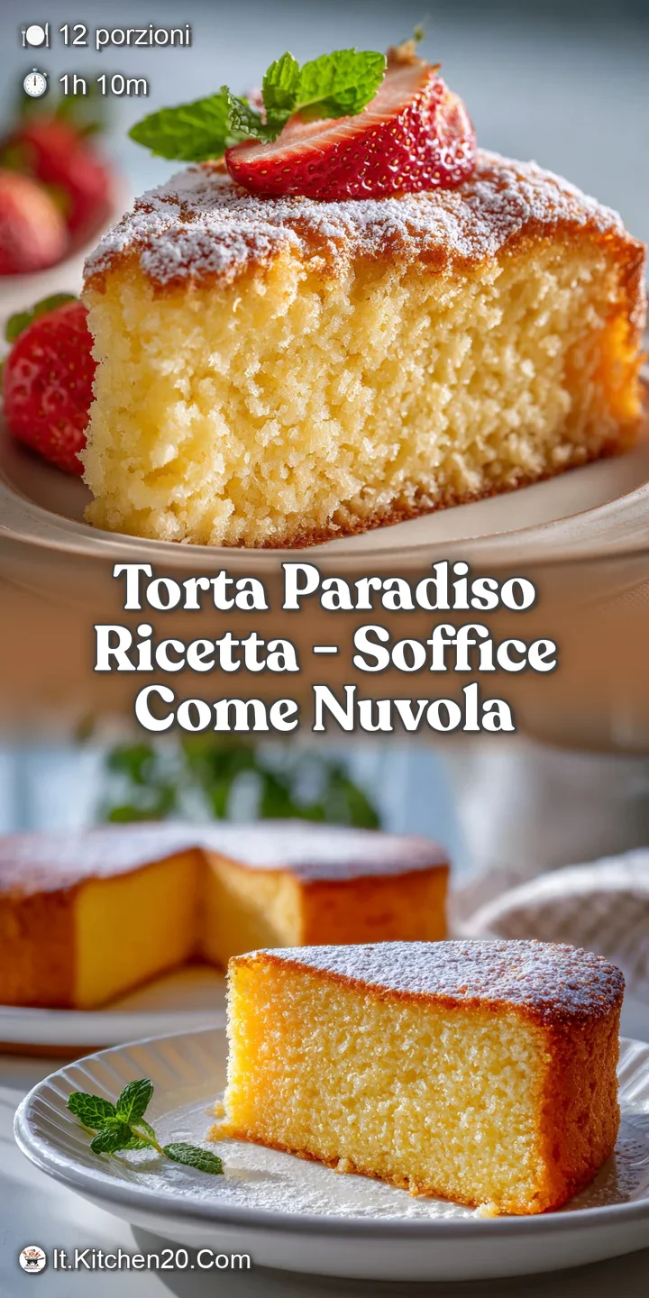 Close-up of Torta Paradiso's soft, fluffy crumb, dusted with fine powdered sugar. Inviting, airy texture, hints of sweet v...