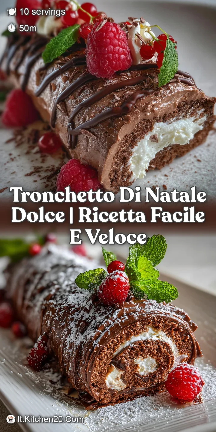 Close-up of a Tronchetto Di Natale slice showcasing a swirling creamy filling, deep chocolate frosting, and dusted with po...