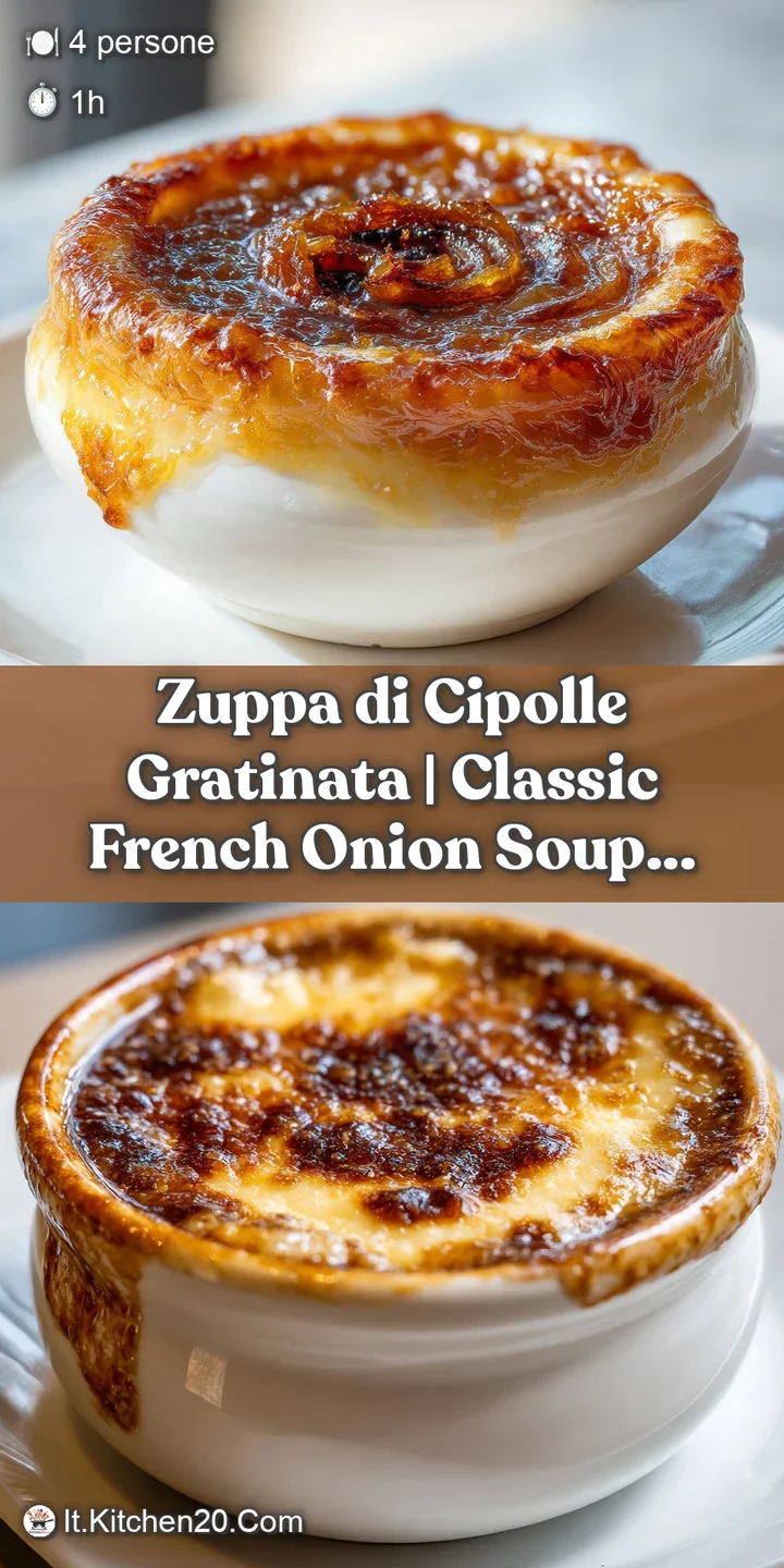 A close-up of bubbling, melted Swiss cheese atop a dark, savory onion soup, with a toasted bread crouton.